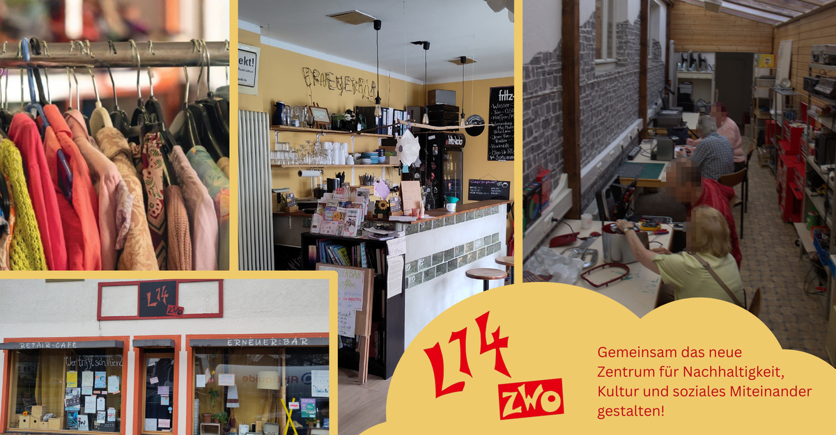Collage aus Bildern der L14 am Standort Lindenstraße. Eine Kleiderstange, der Tresen der Erneuerbar, die Werkstatt der Repairer und die Hausfront mit dem L14zwo Logo